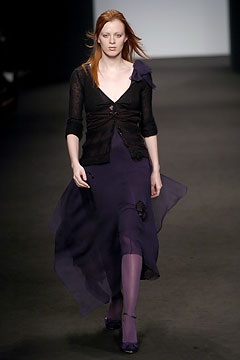 purple silk midi dress with black tailored jacket