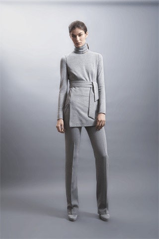 gray wool long-sleeve turtleneck fitted belted top
