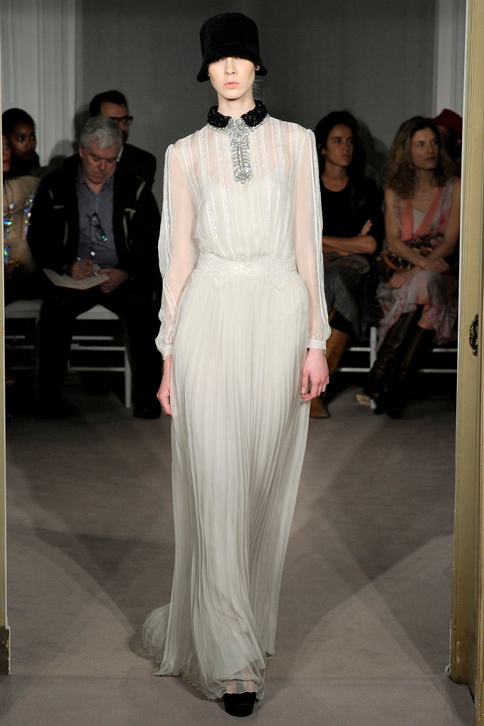 white silk pleated gown