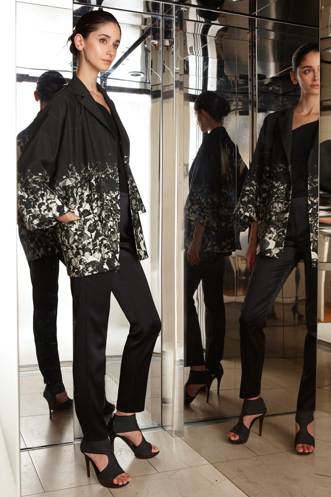 black silk fitted straight-leg pants