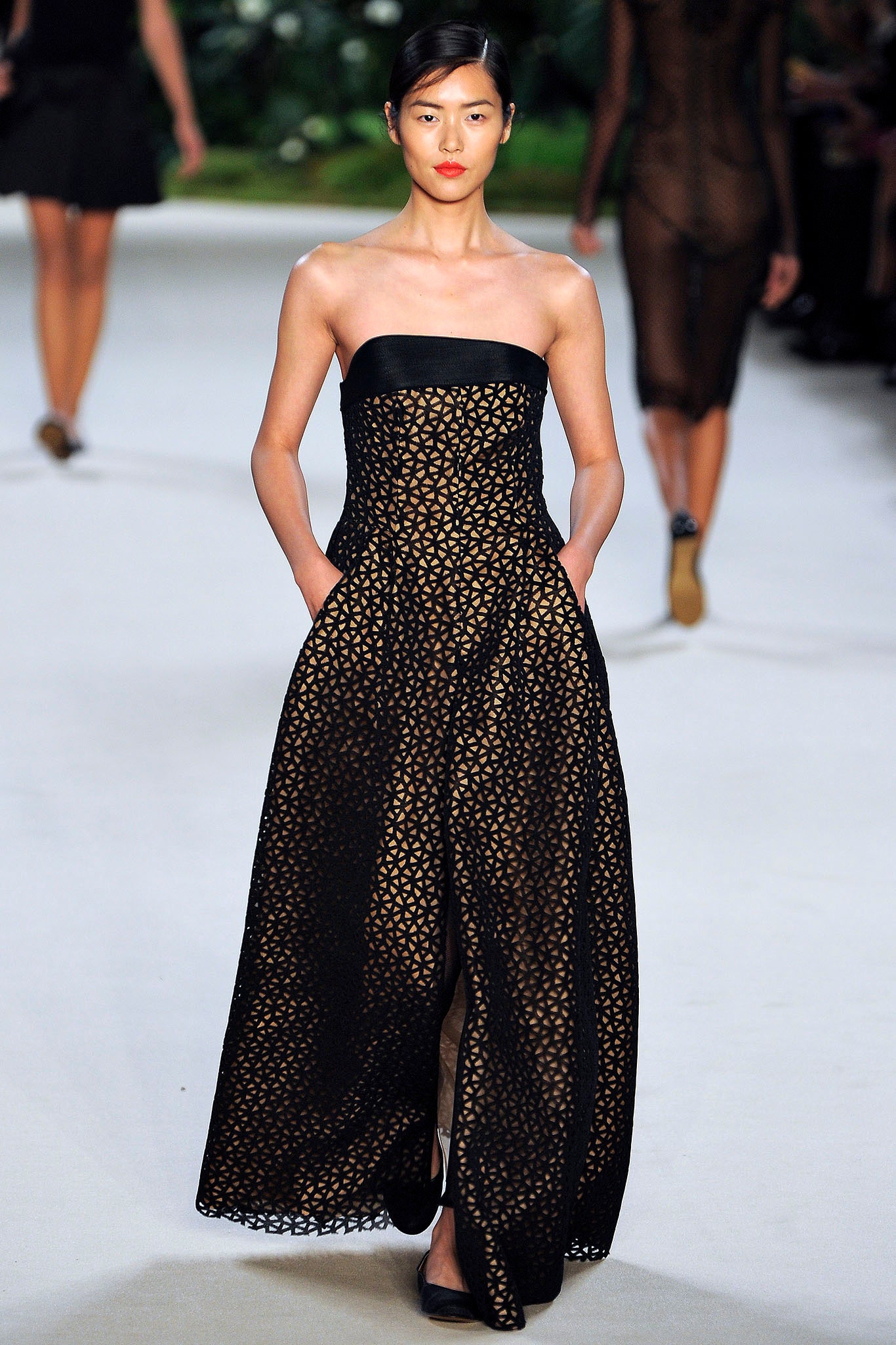 black silk strapless gown