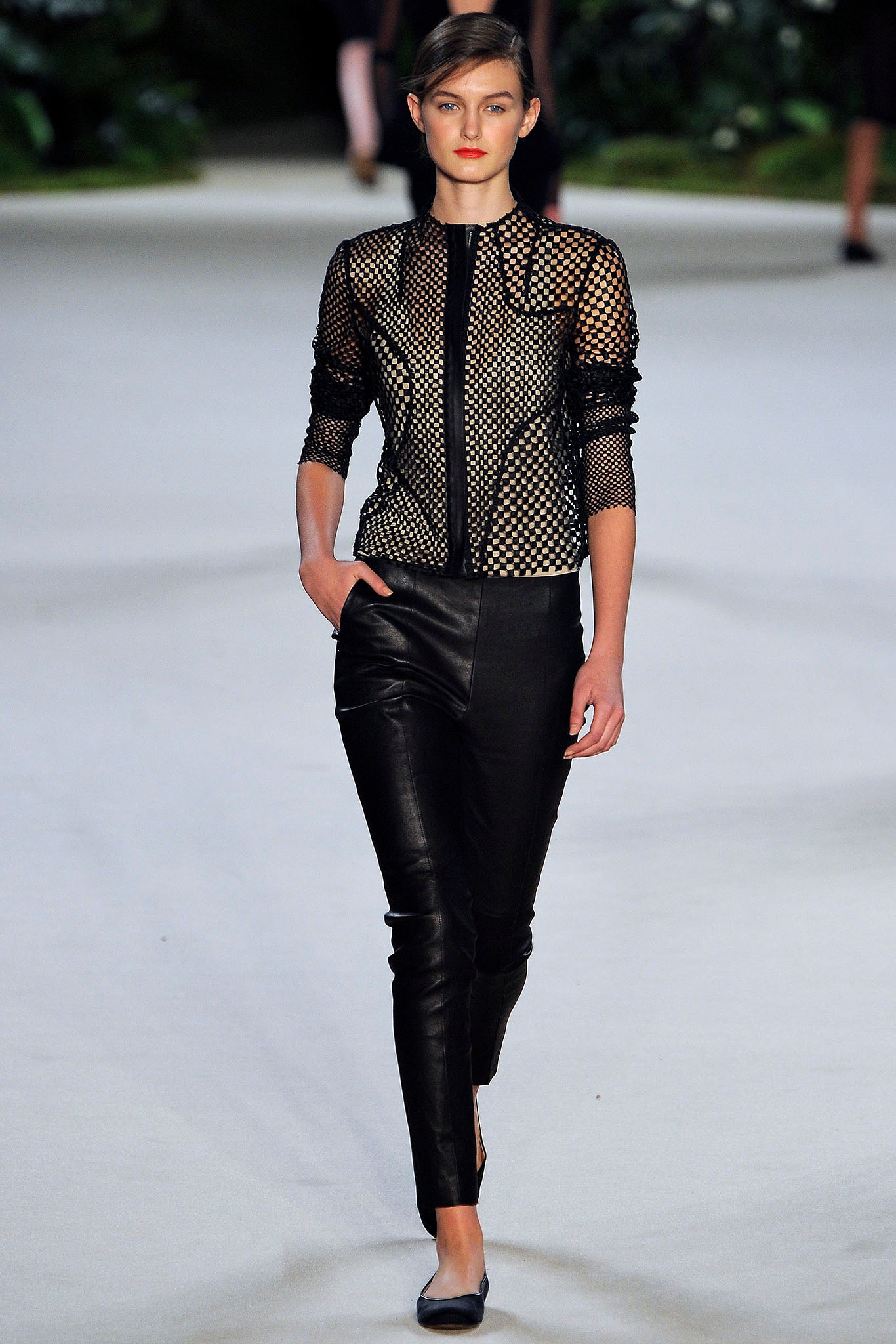 black mesh long-sleeve collared fitted zippered layered jacket