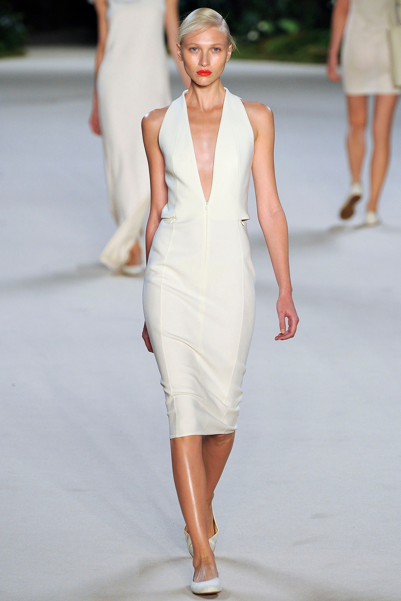 fitted white silk midi dress