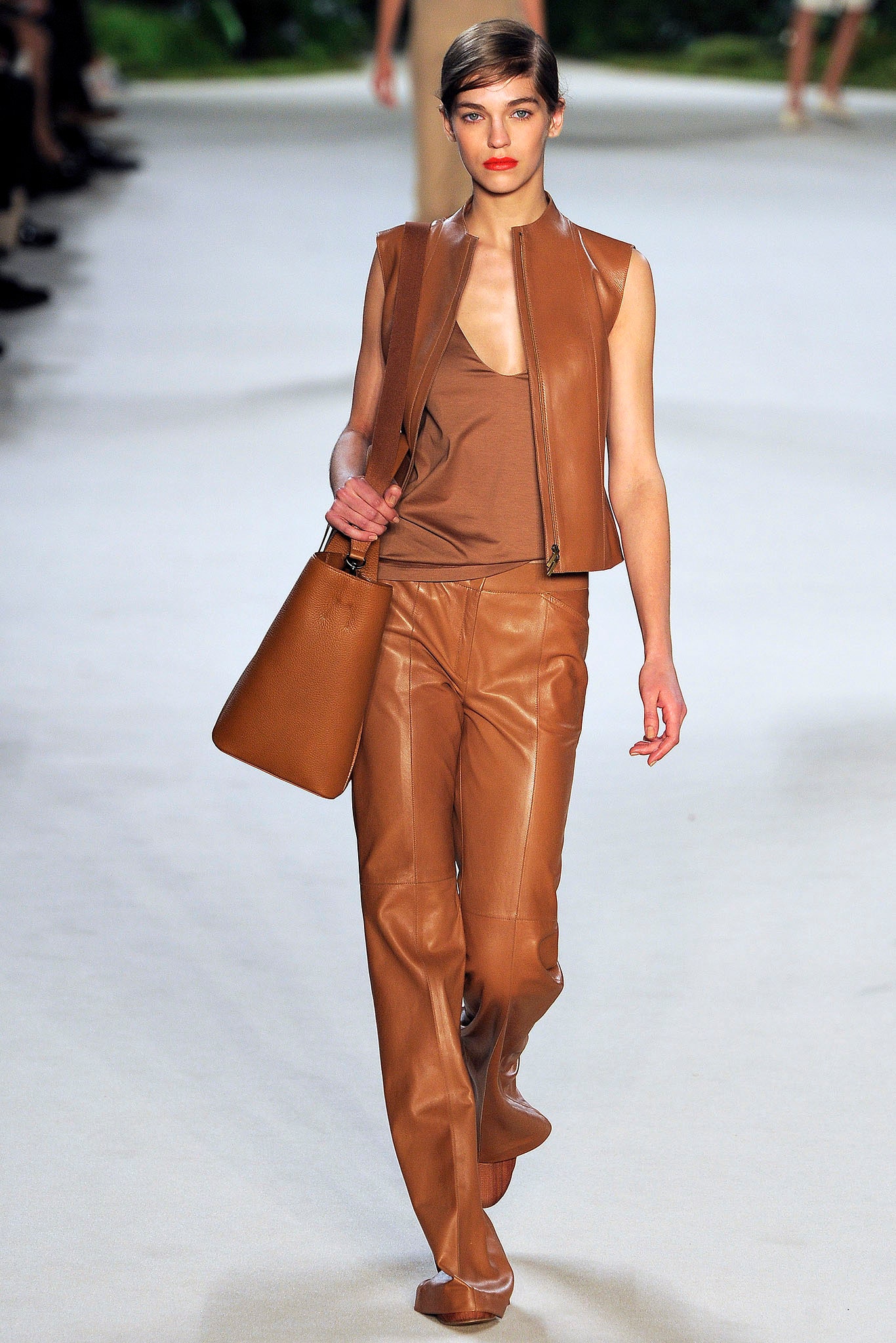 brown leather sleeveless collared fitted vest