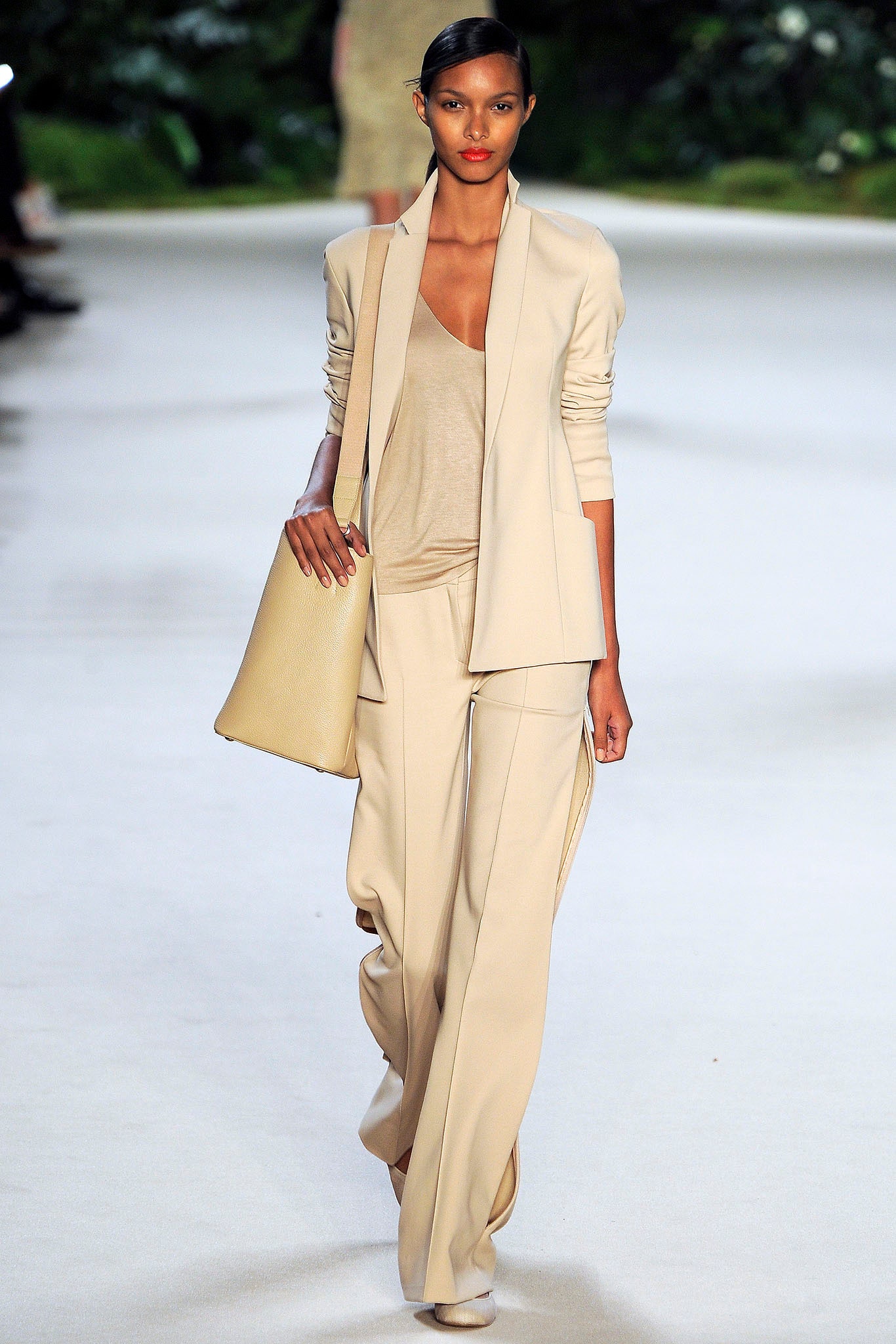 beige tailored blazer with wide-leg pants
