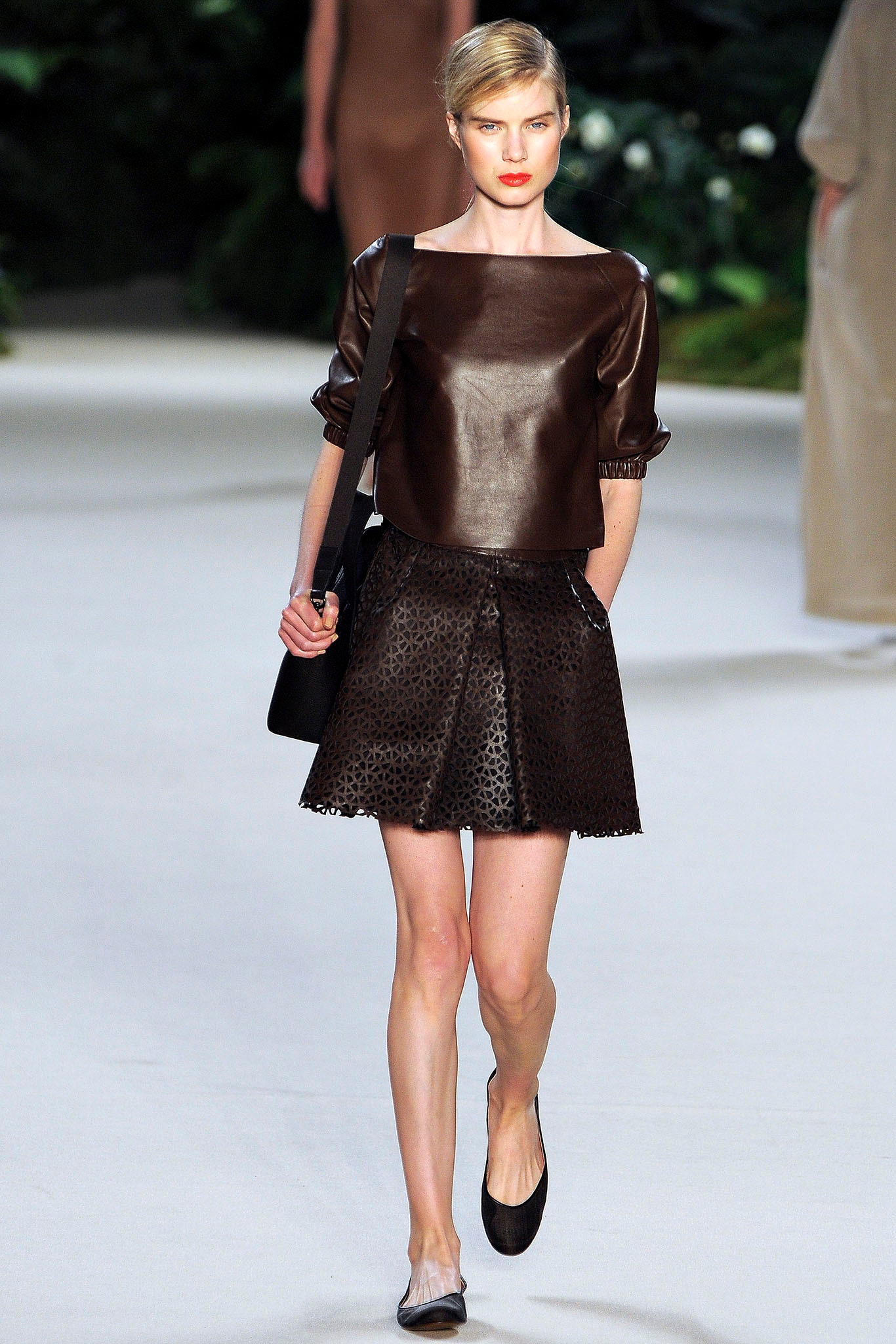 brown leather short-sleeve fitted structured top
