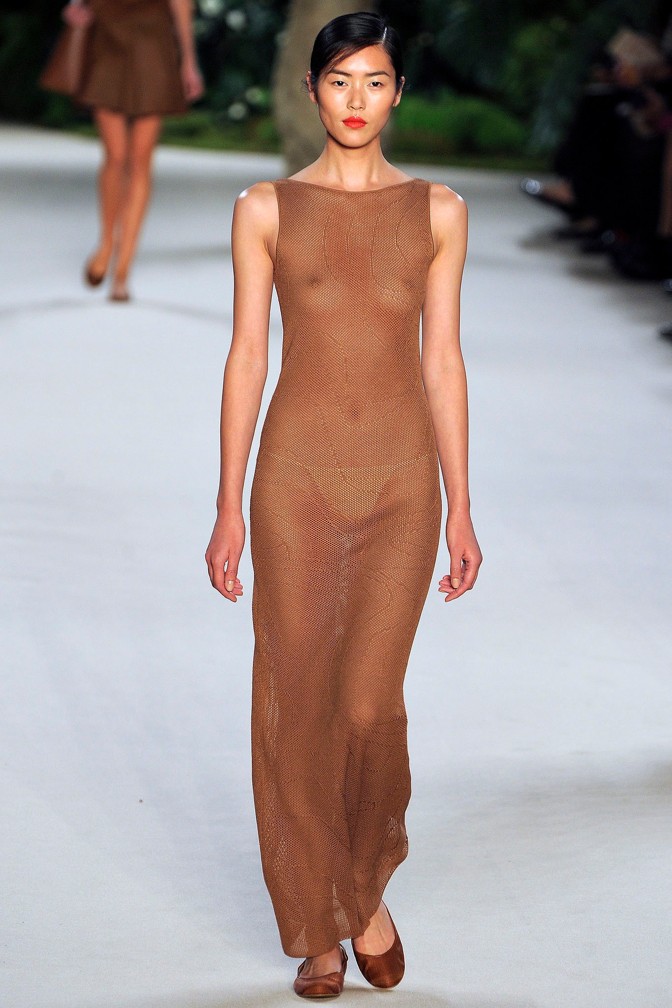 fitted brown mesh maxi dress