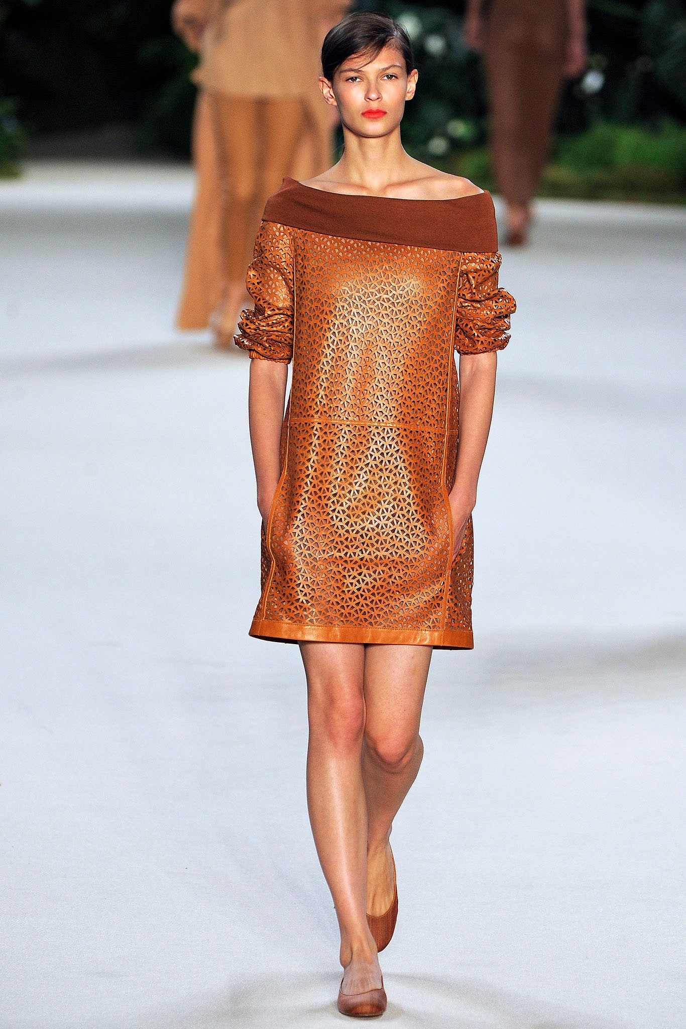 brown leather off-shoulder dress