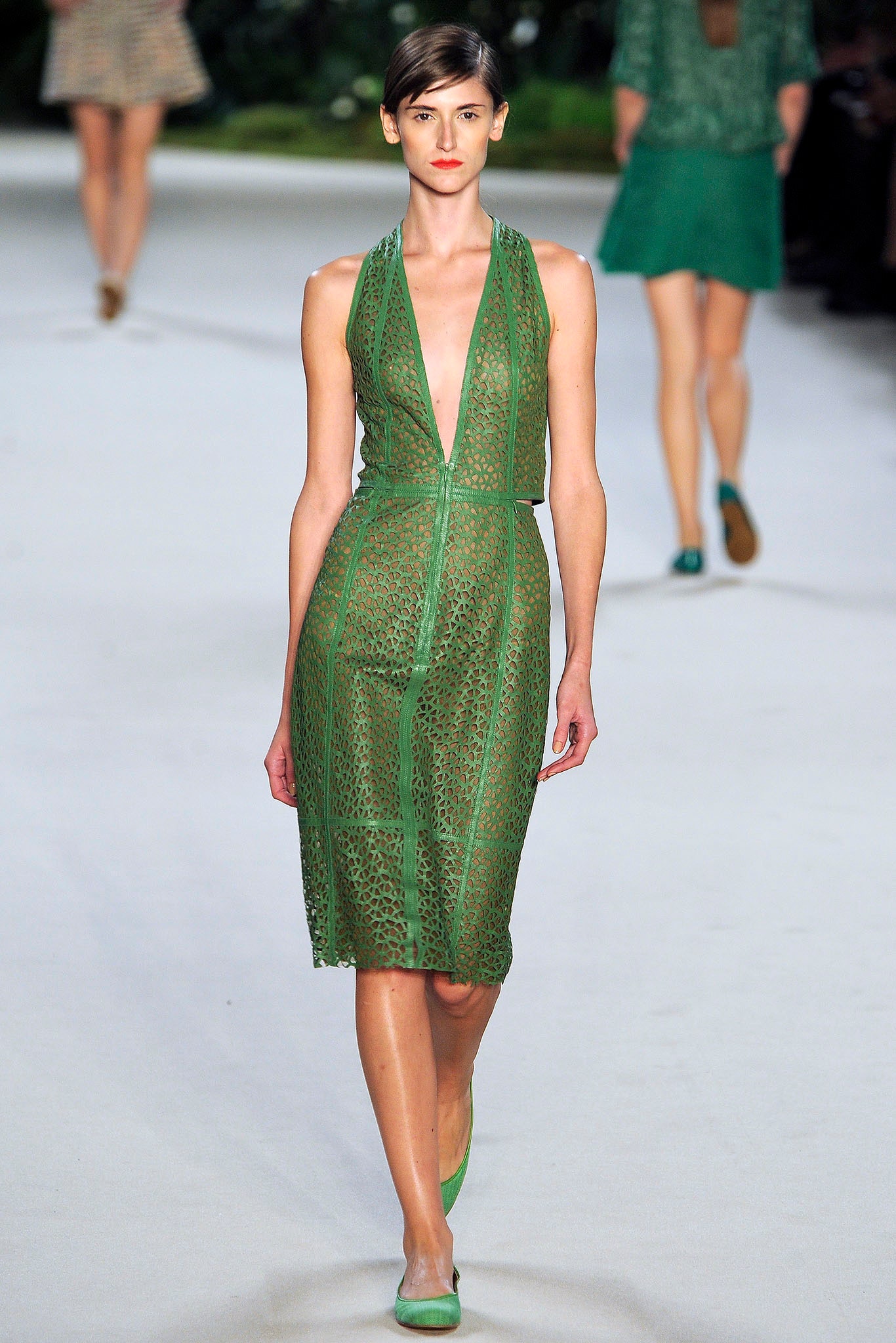 fitted green lace midi dress