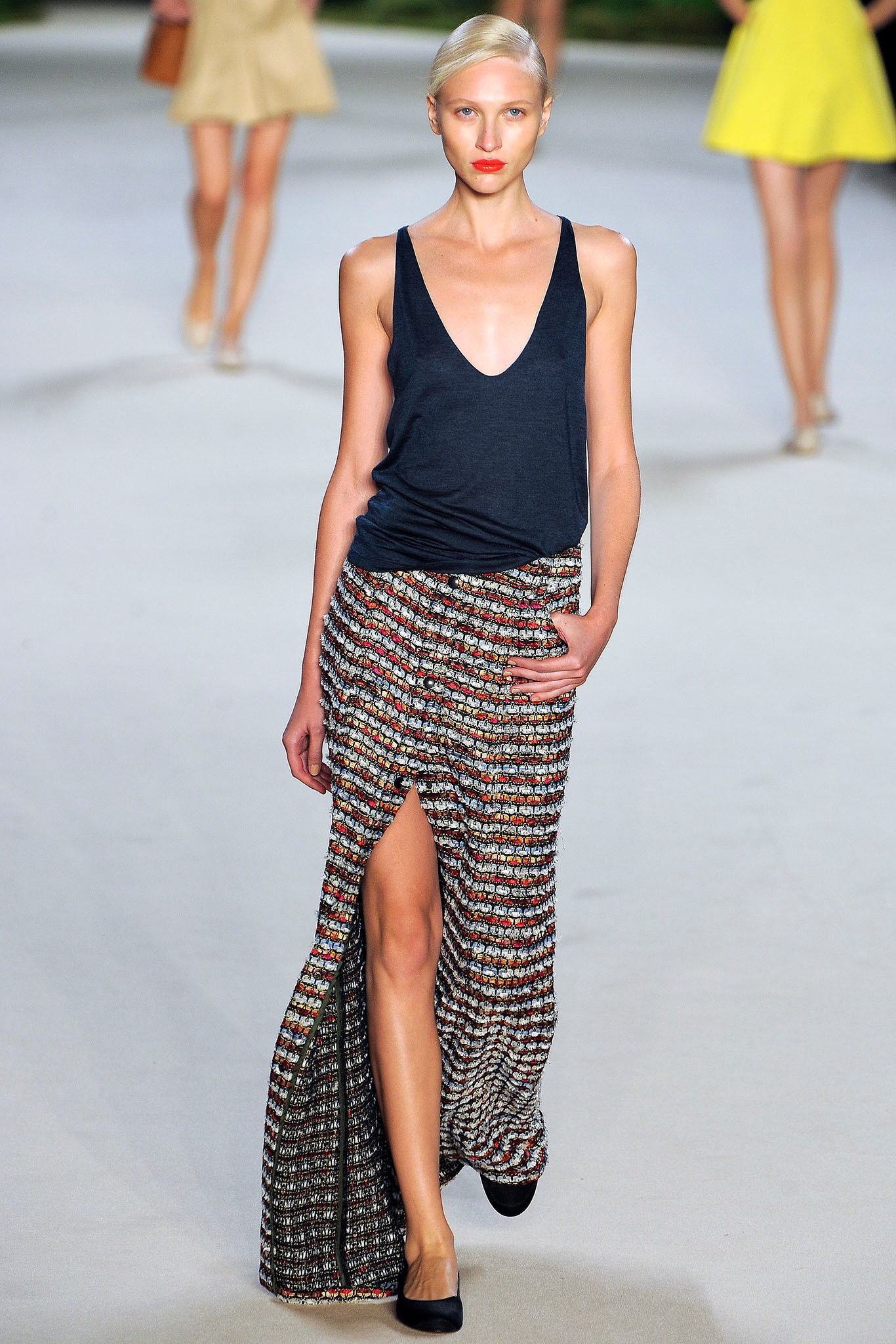multi slit fitted high-waisted layered maxi skirt
