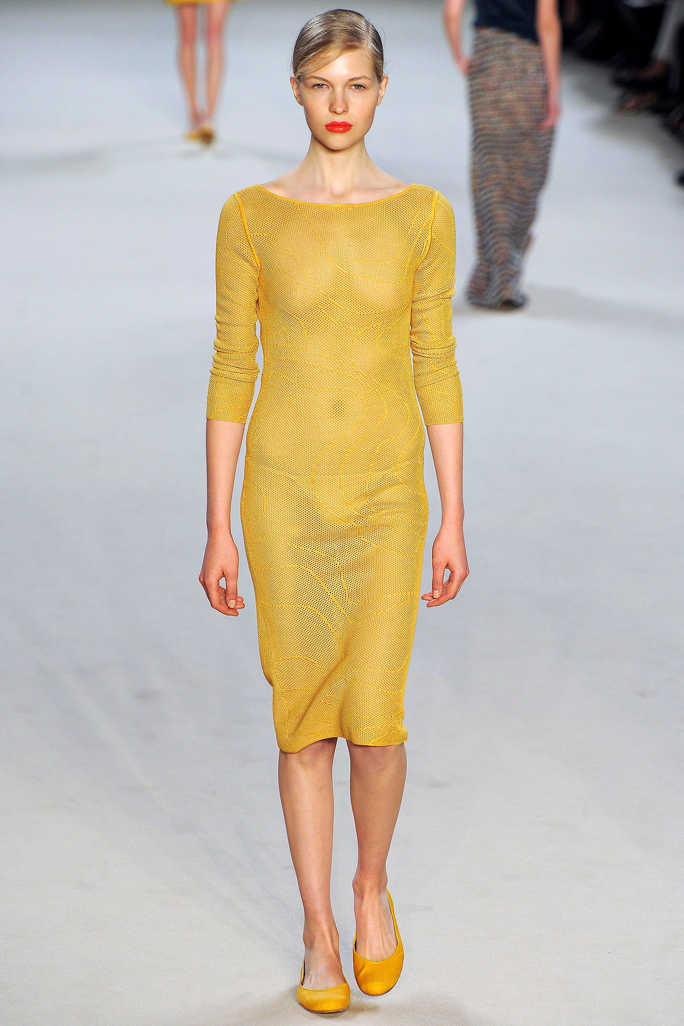 yellow knit long-sleeve scoop-neck fitted textured sheer dress