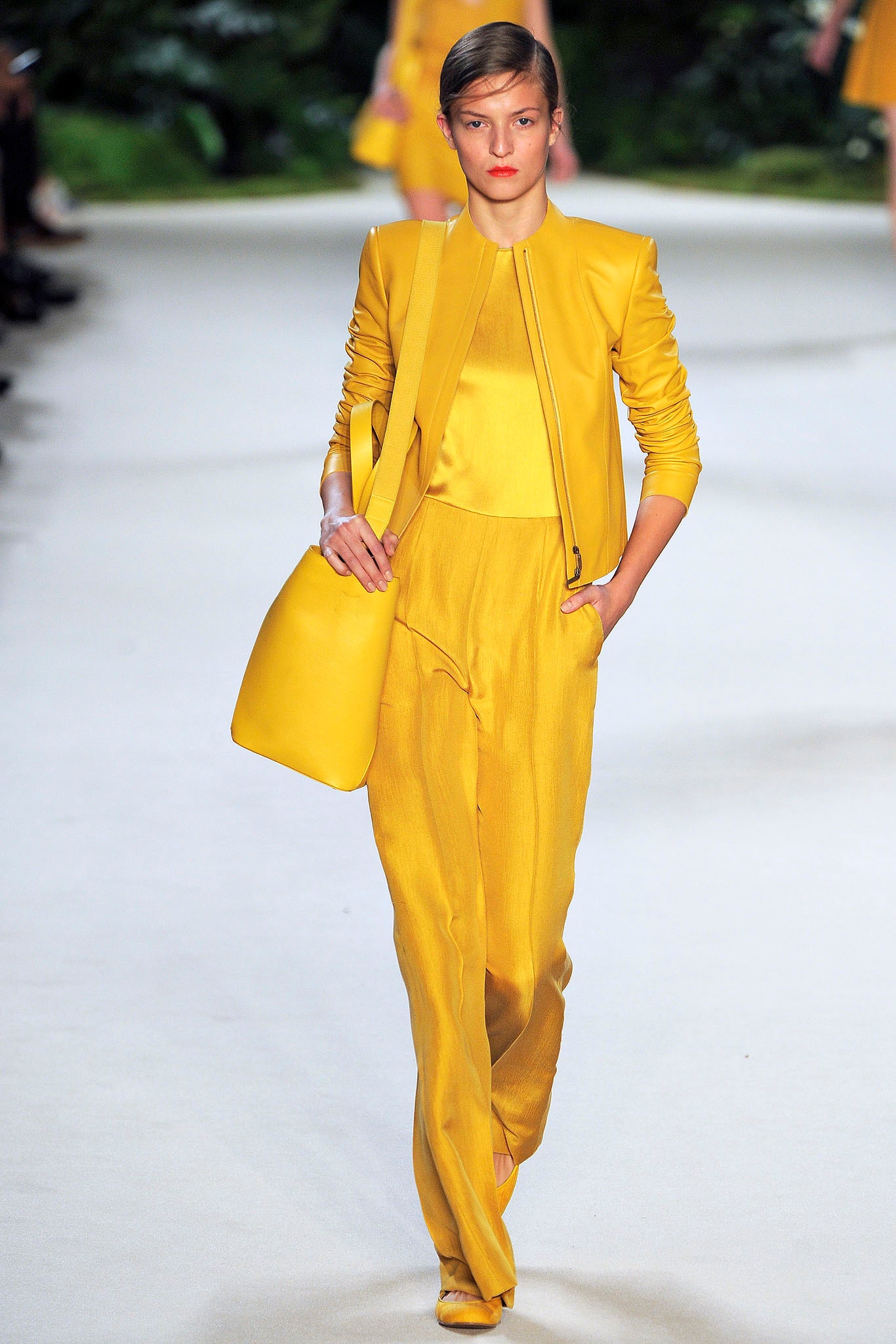 yellow silk long-sleeve collared fitted zippered jacket