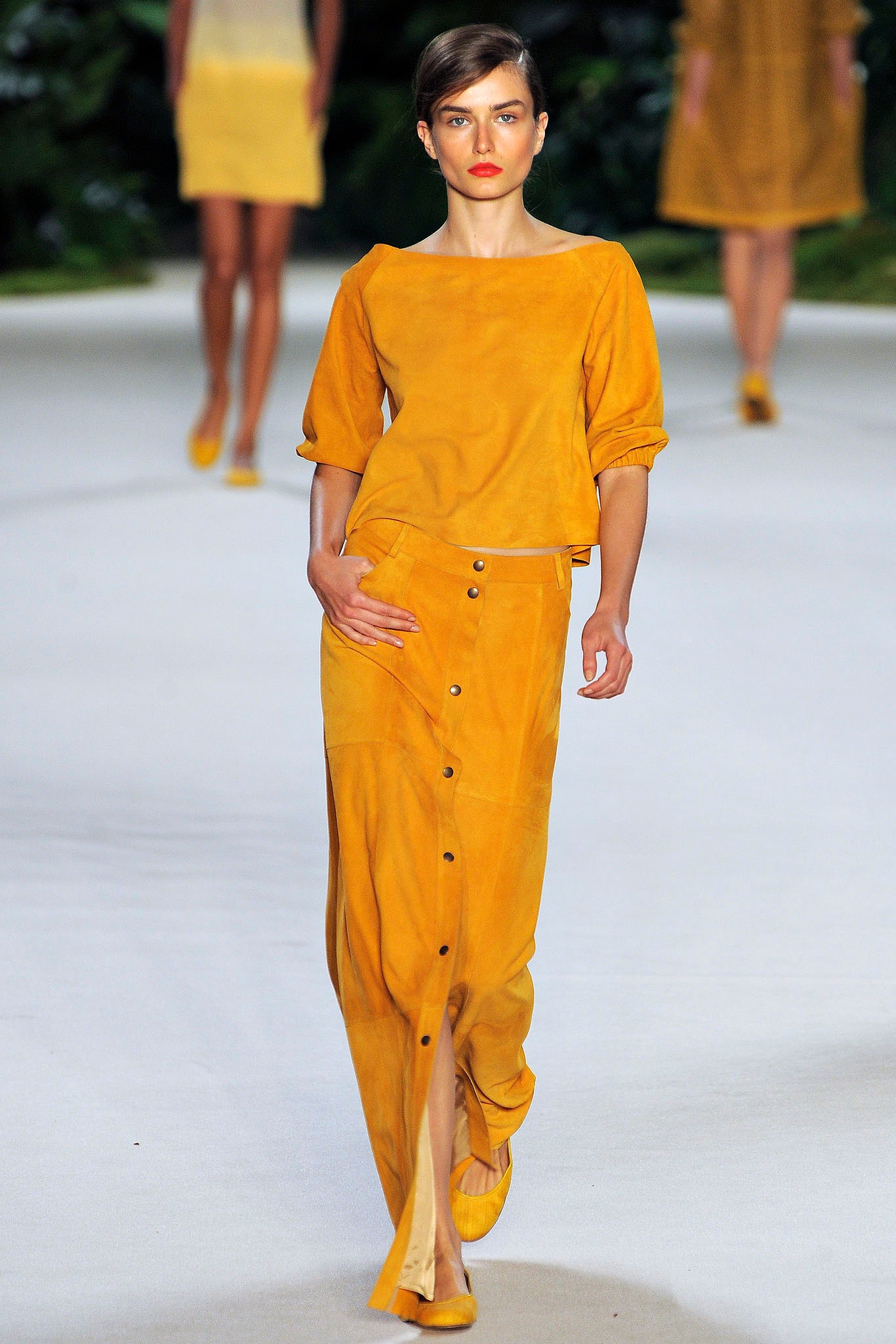 yellow suede top and skirt