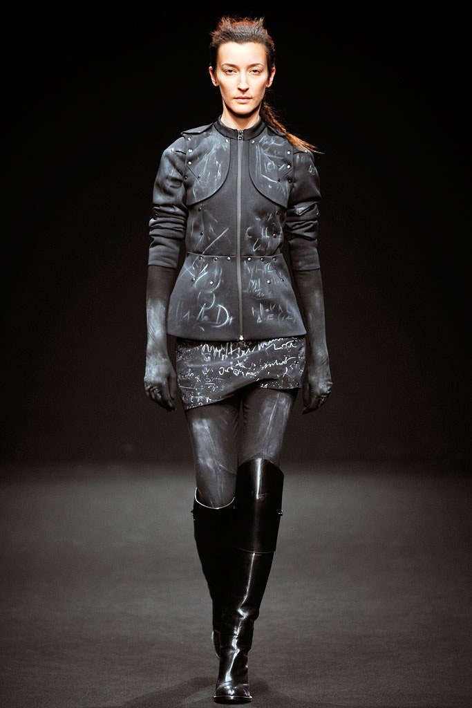 black leather fitted jacket and skirt