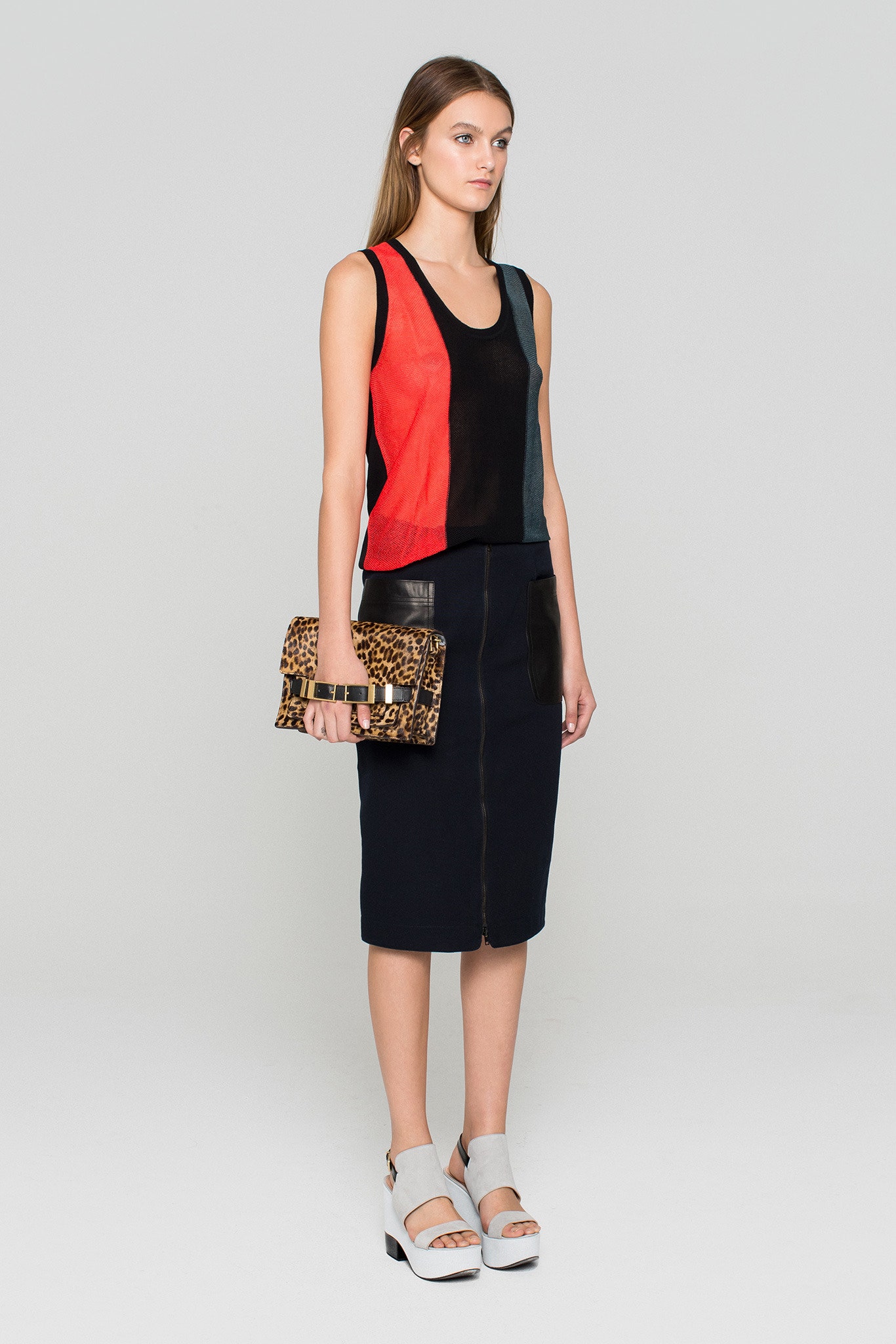 red sleeveless fitted color-blocked top