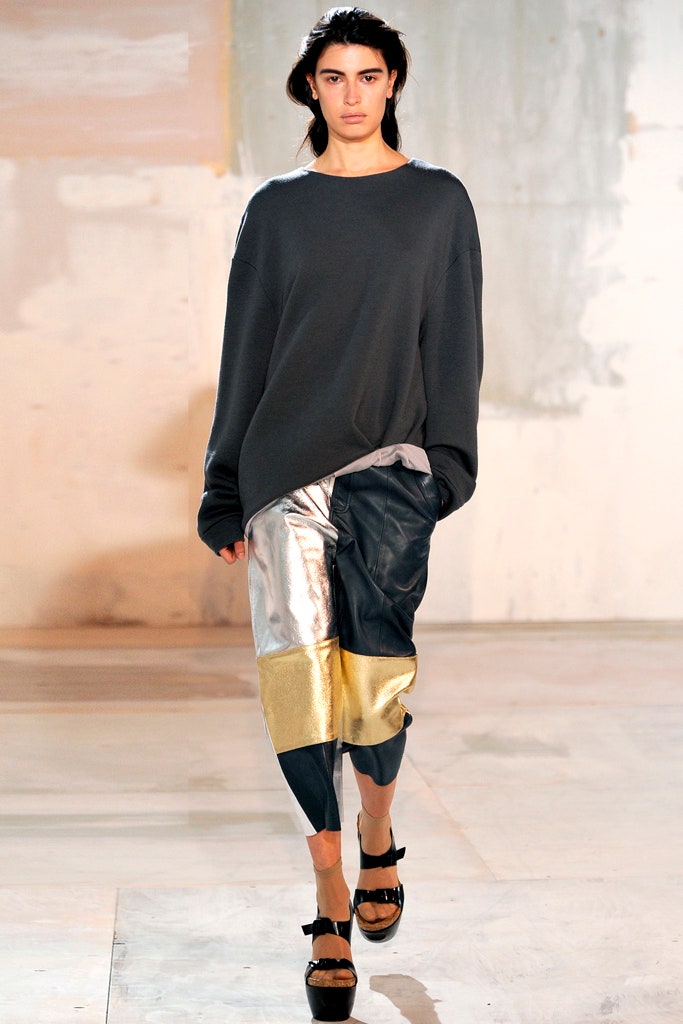 oversized gray sweater with multi-colored pants