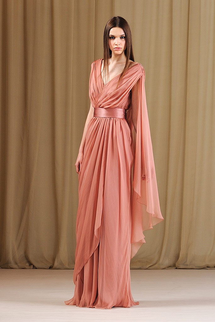 pink chiffon draped gown