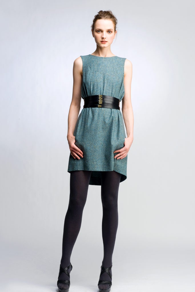 blue cotton sleeveless high-neck fitted a-line mini dress