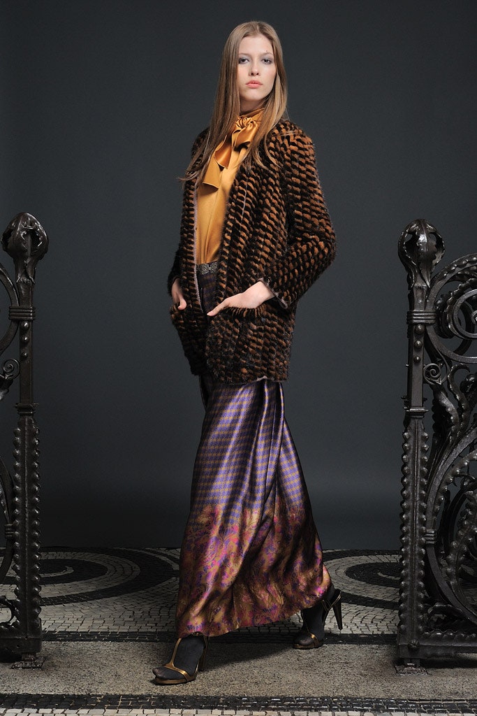 gold silk long-sleeve collared fitted pleated blouse