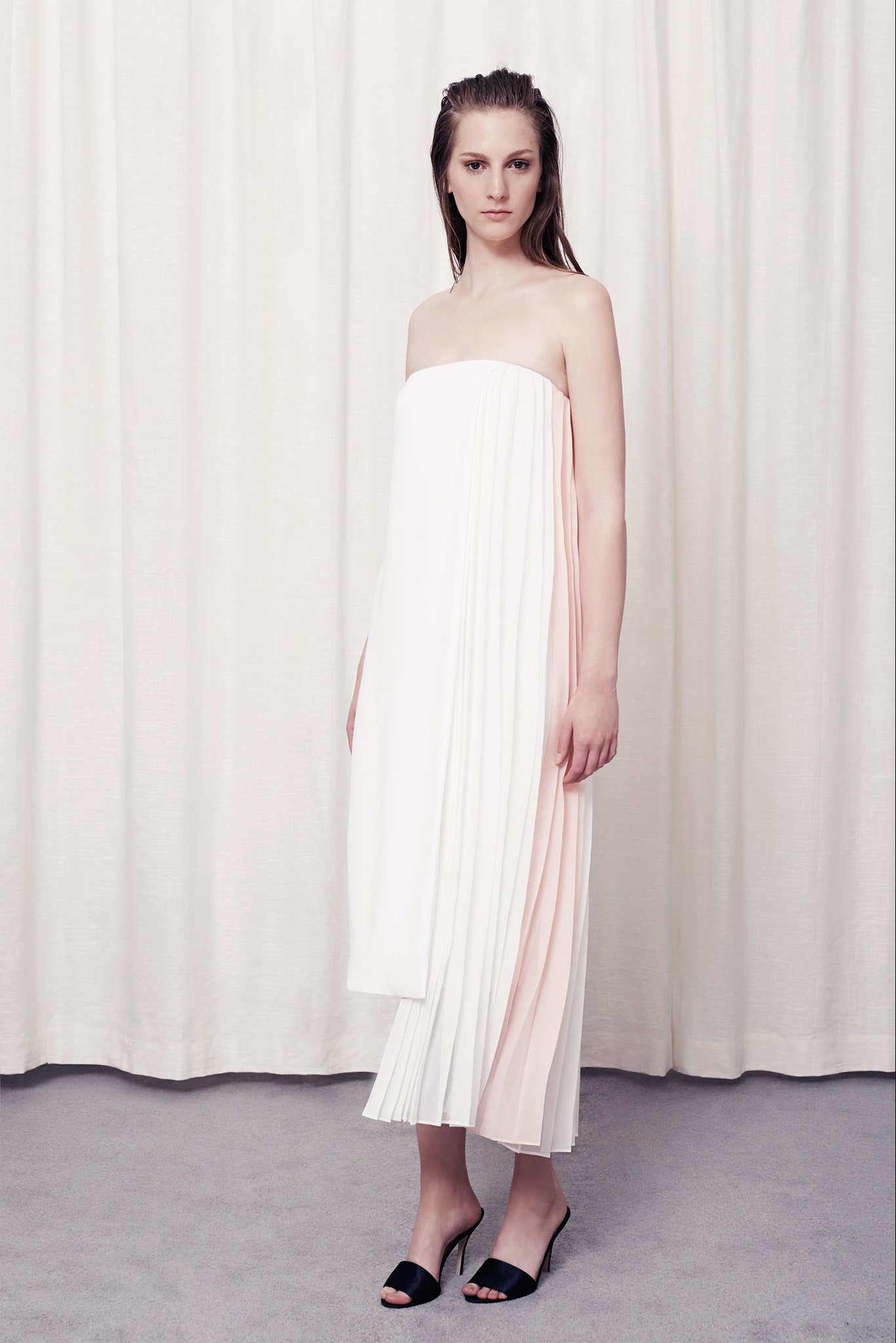white and pink pleated midi dress
