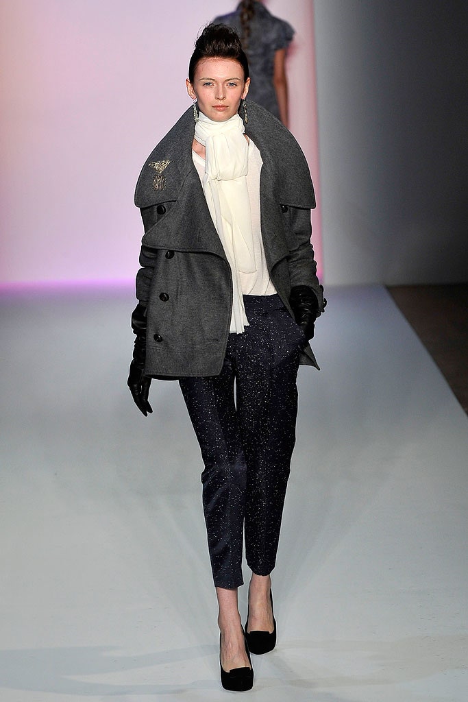 gray wool coat with white blouse