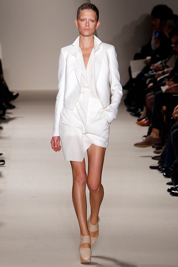 white tailored blazer and mini dress