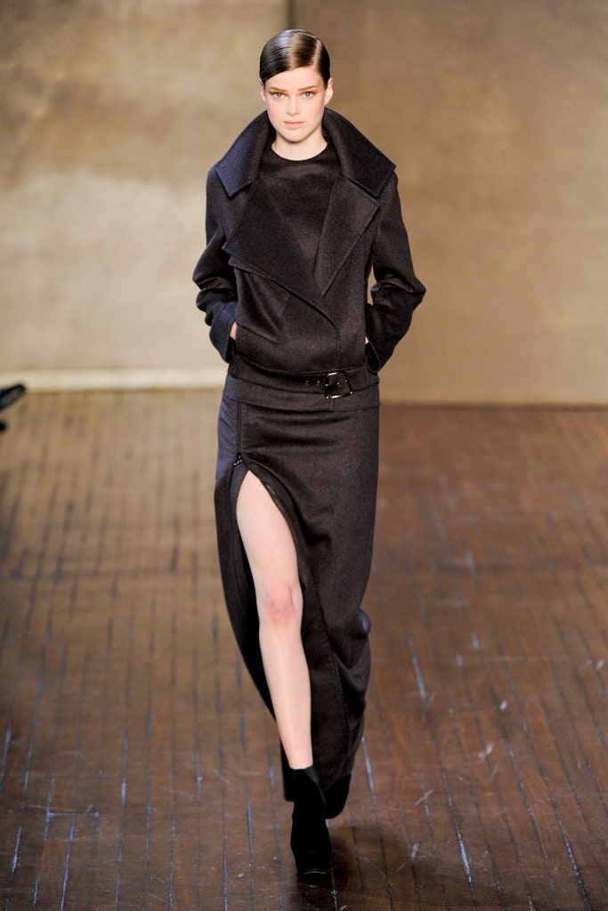 black wool long-sleeve v-neck fitted straight-leg belted dress