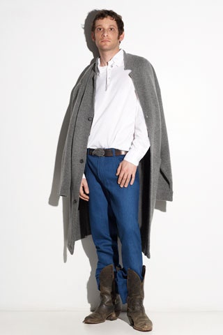 gray wool coat with blue pants