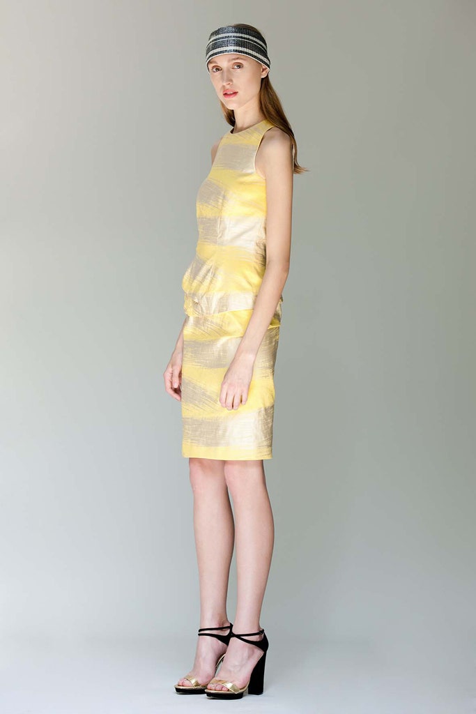 yellow silk sleeveless high-neck fitted striped ruched dress