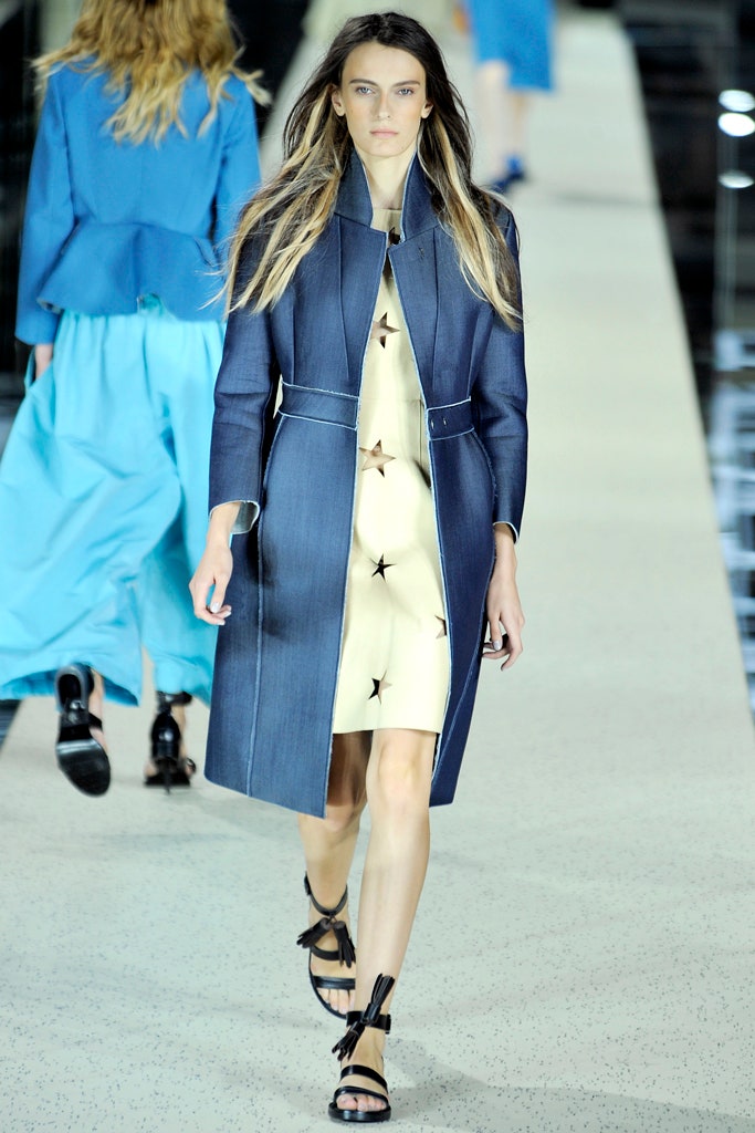 blue denim long-sleeve collared fitted buttoned coat