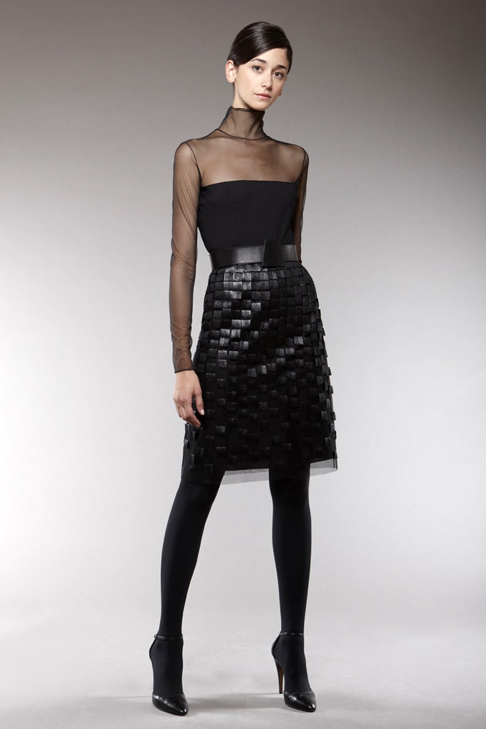 black silk long-sleeve high-neck fitted sheer flowing top