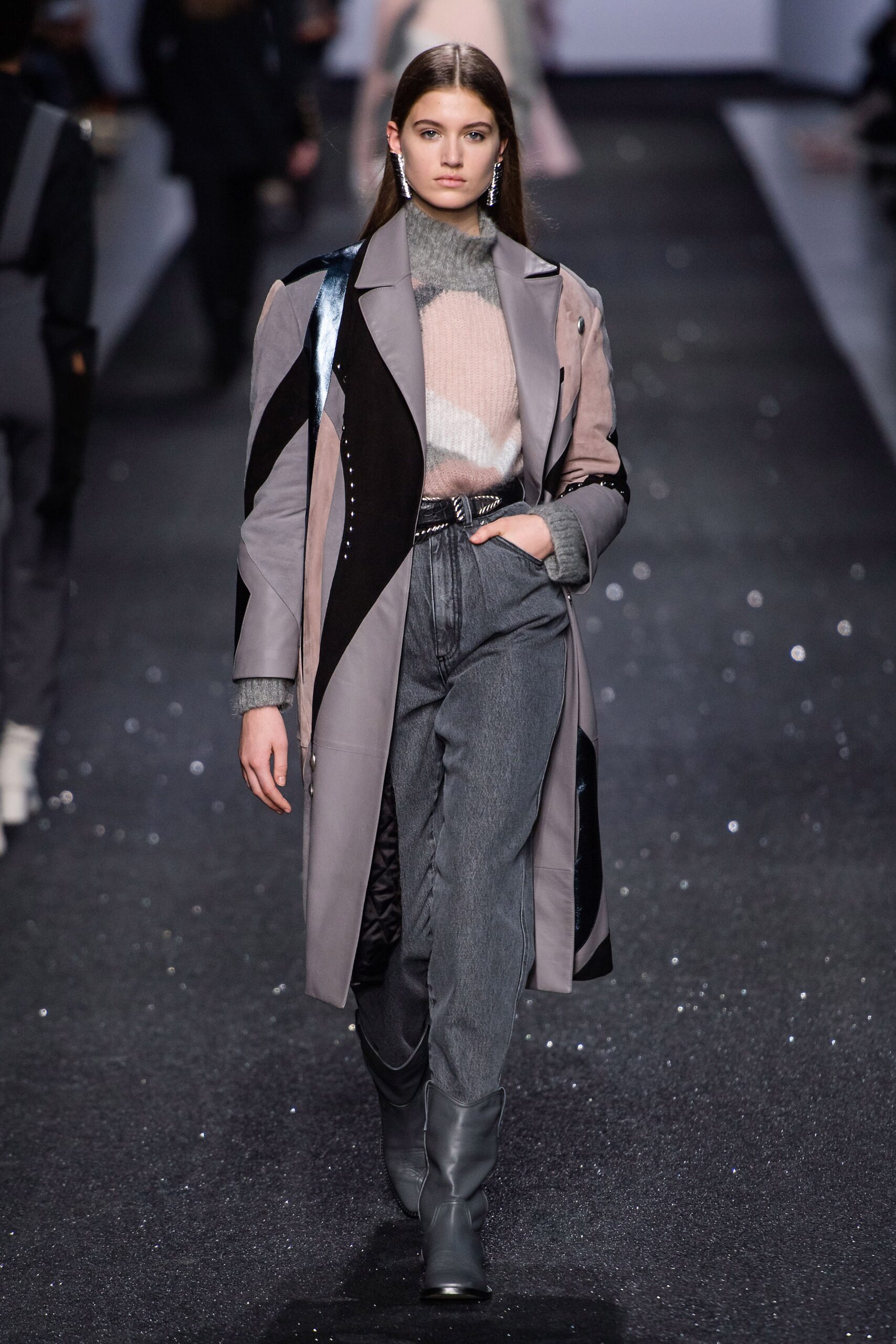 gray leather coat with sweater and jeans