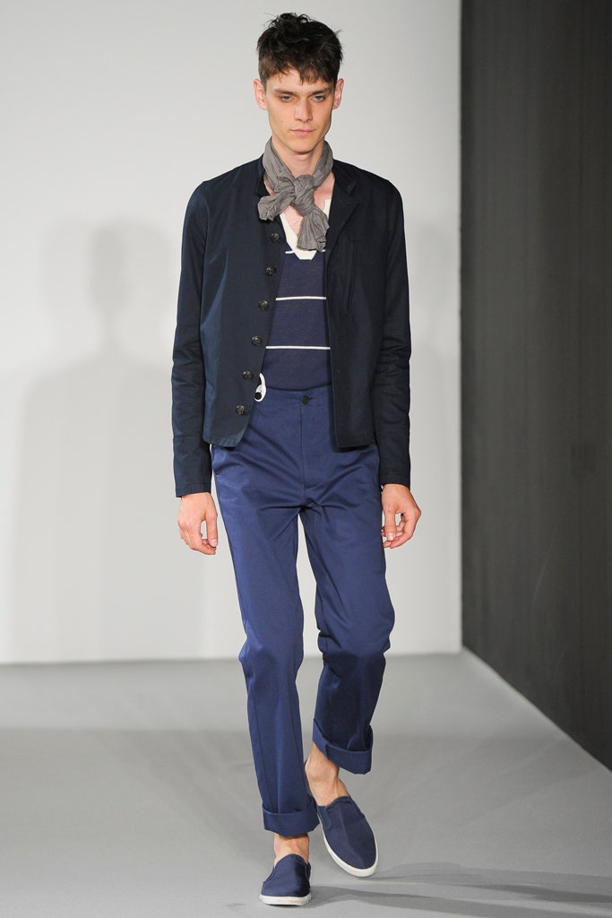 navy jacket with striped shirt