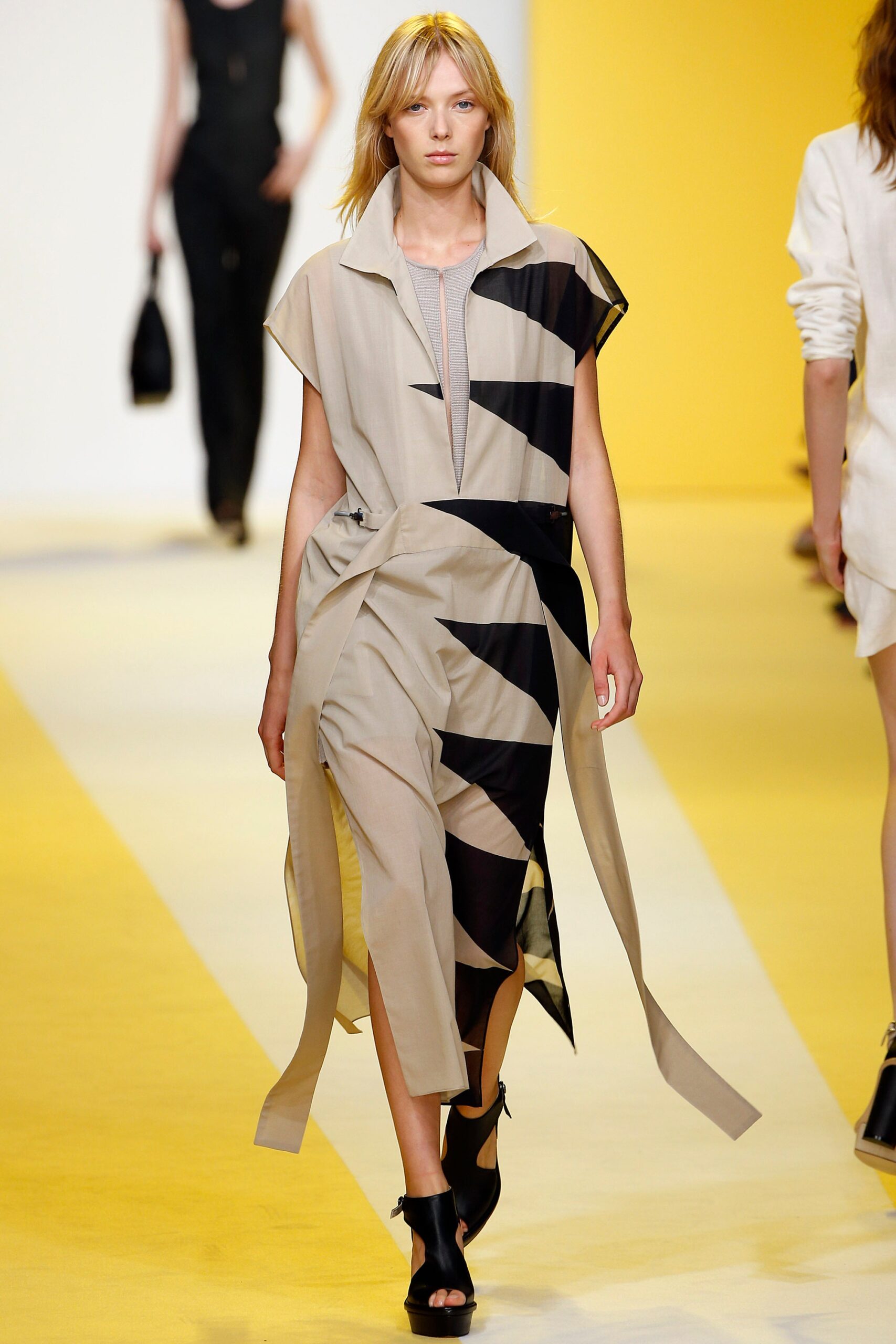 beige and black asymmetric dress