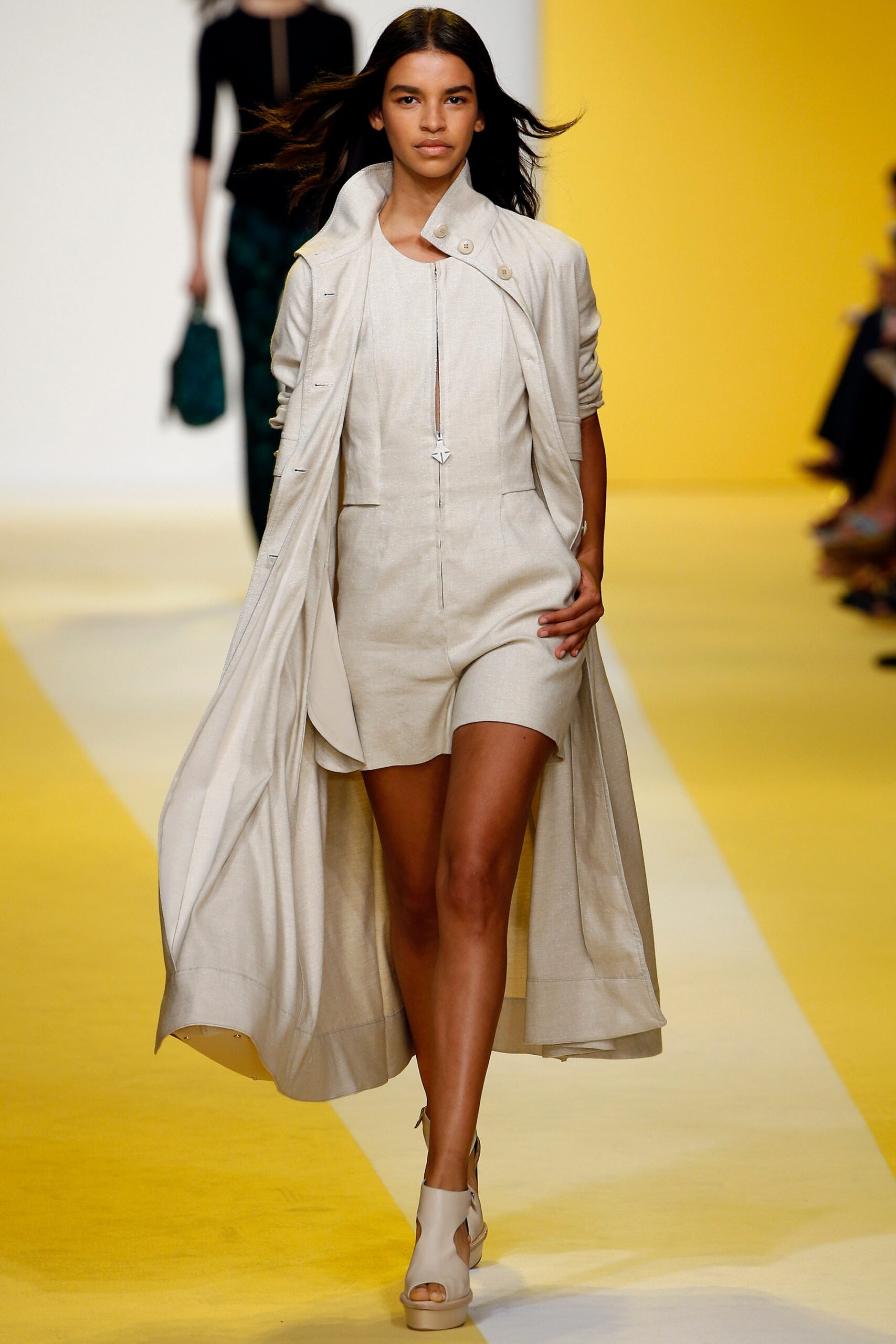 beige linen coat and romper