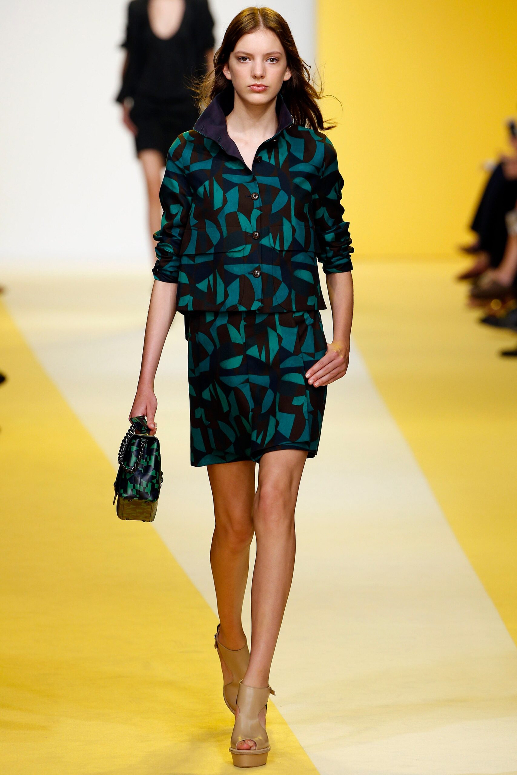 blue green printed blazer and skirt