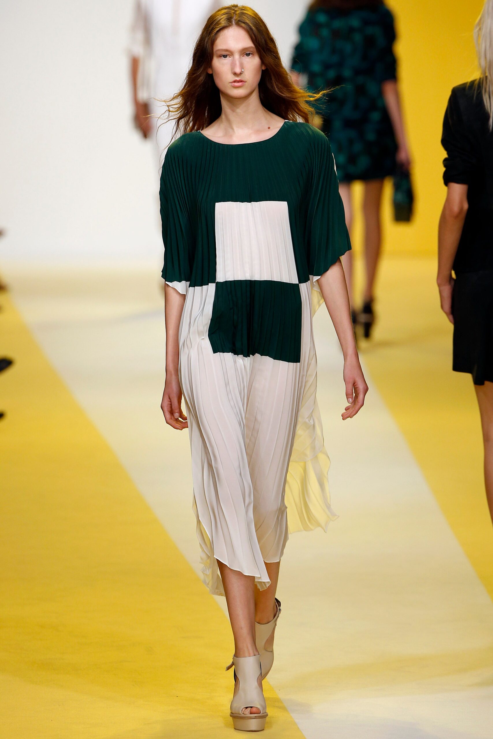 green and white pleated midi dress