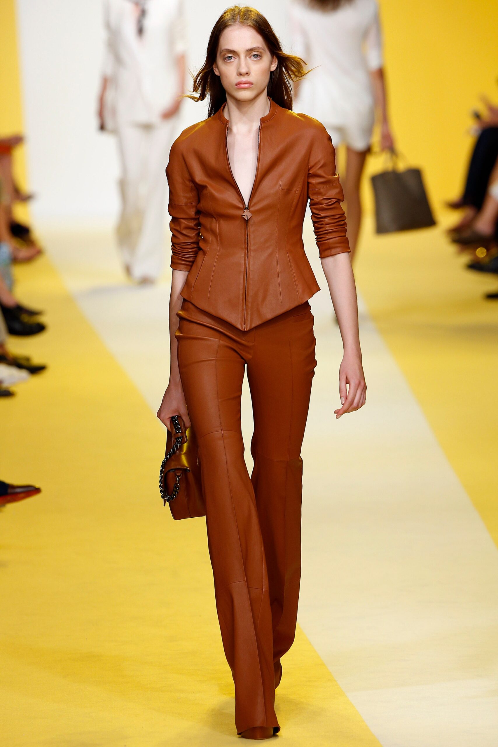 brown leather fitted jacket and pants