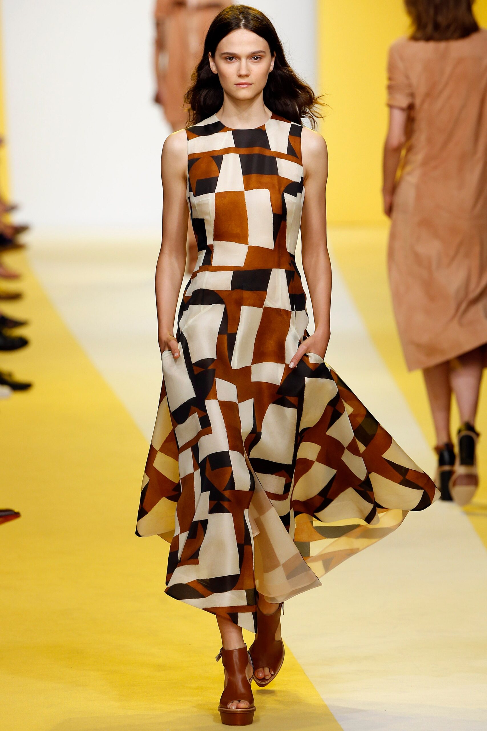 brown beige printed midi dress