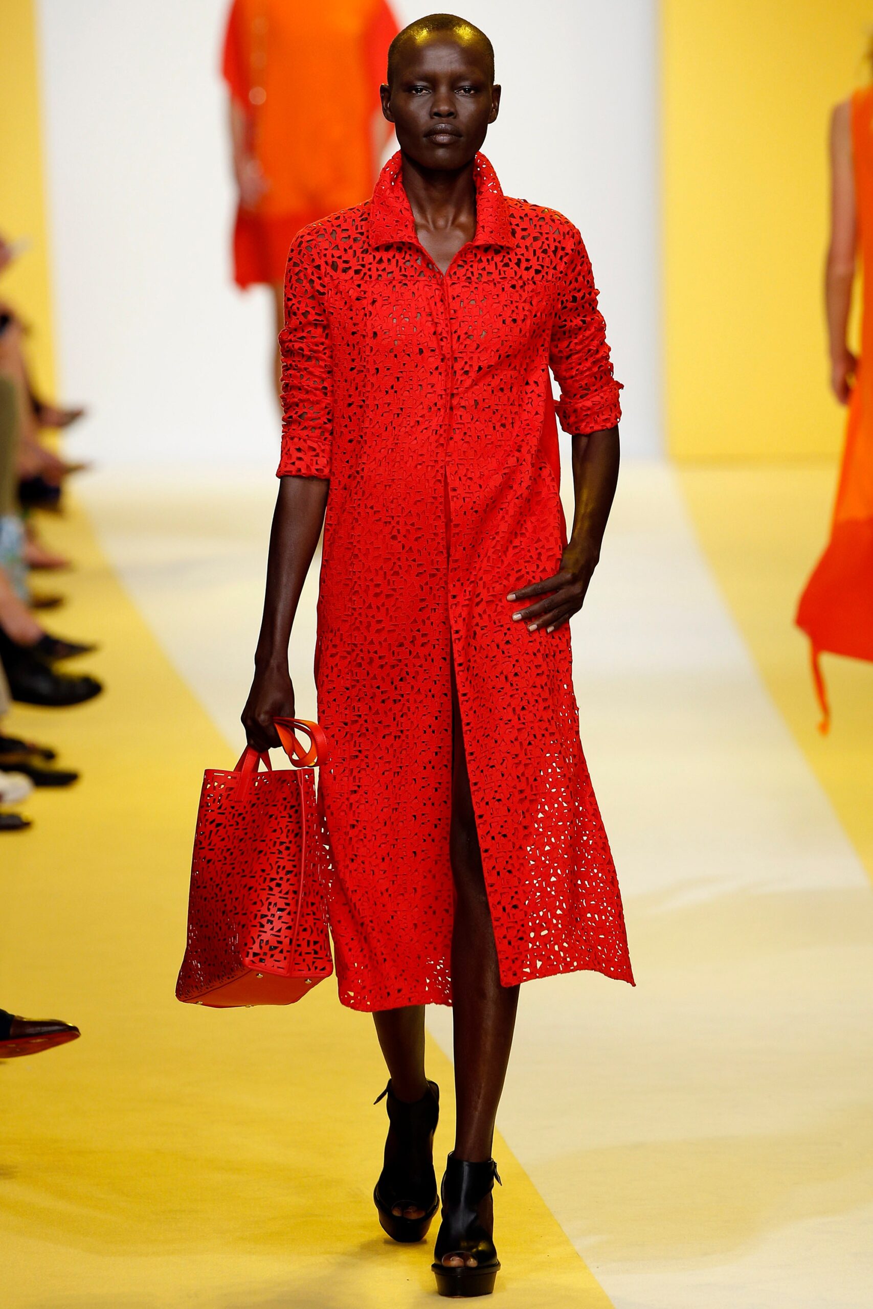 red cotton long-sleeve collared fitted buttoned embellished dress