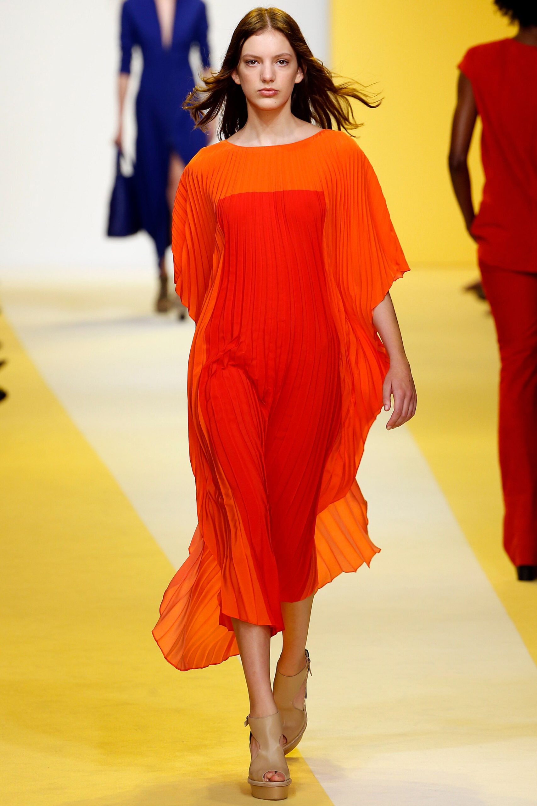 orange pleated midi dress