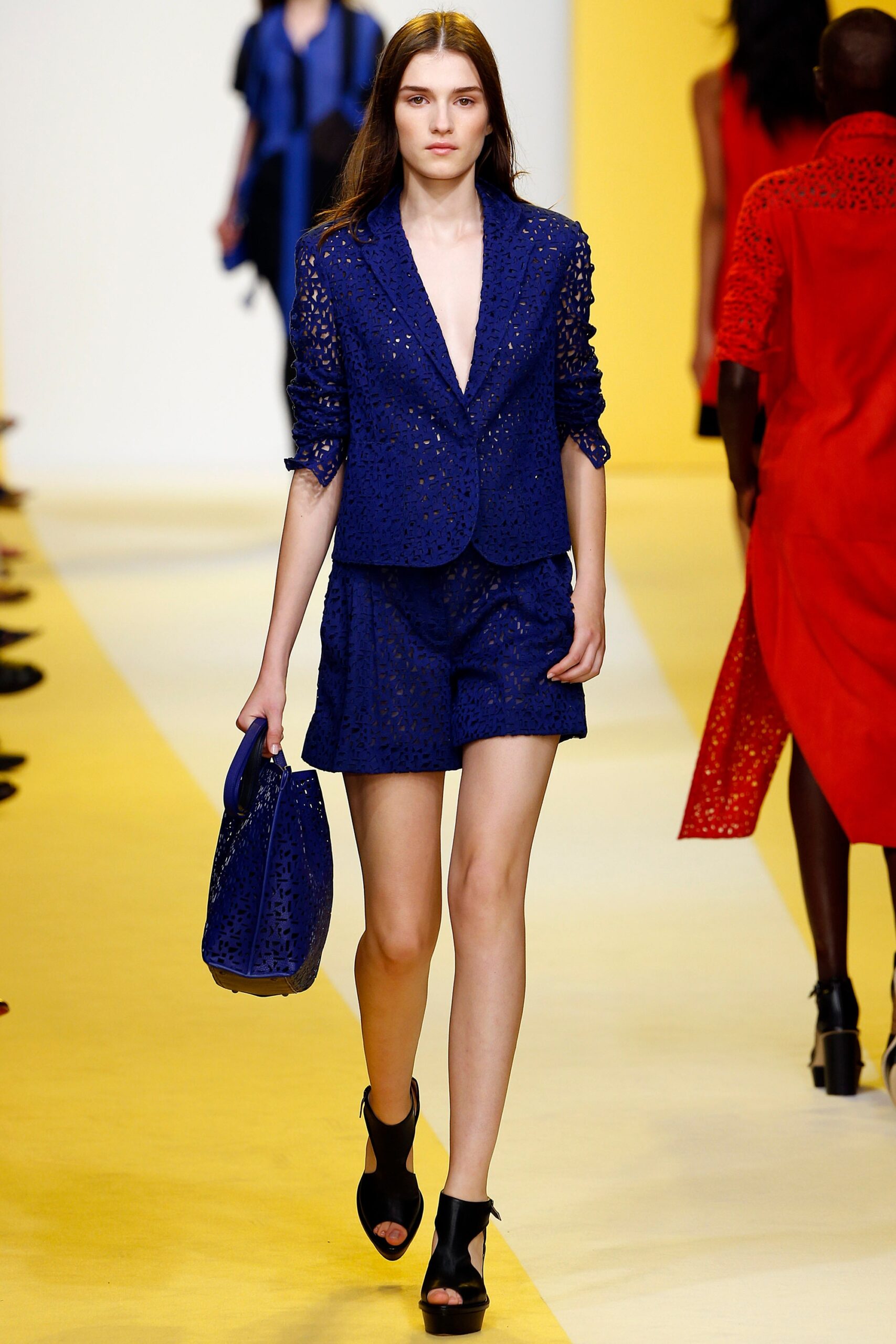 blue embroidered blazer and shorts