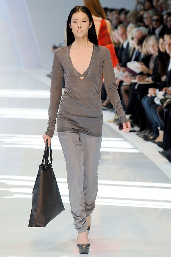 gray silk fitted top and pants
