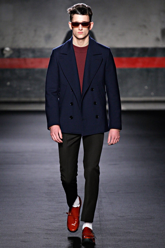 blue wool long-sleeve double-breasted structured jacket