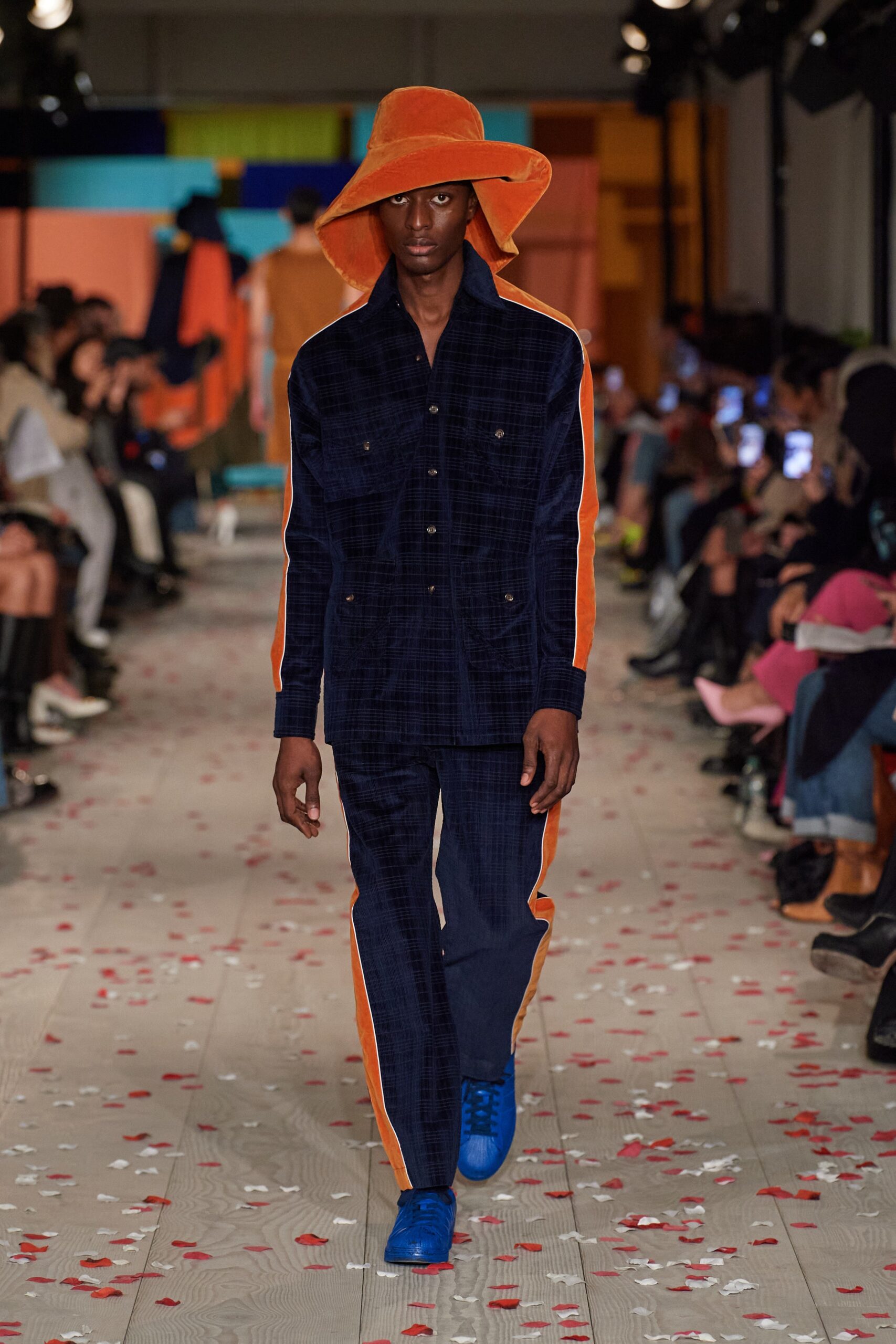 blue and orange checked jacket with pants