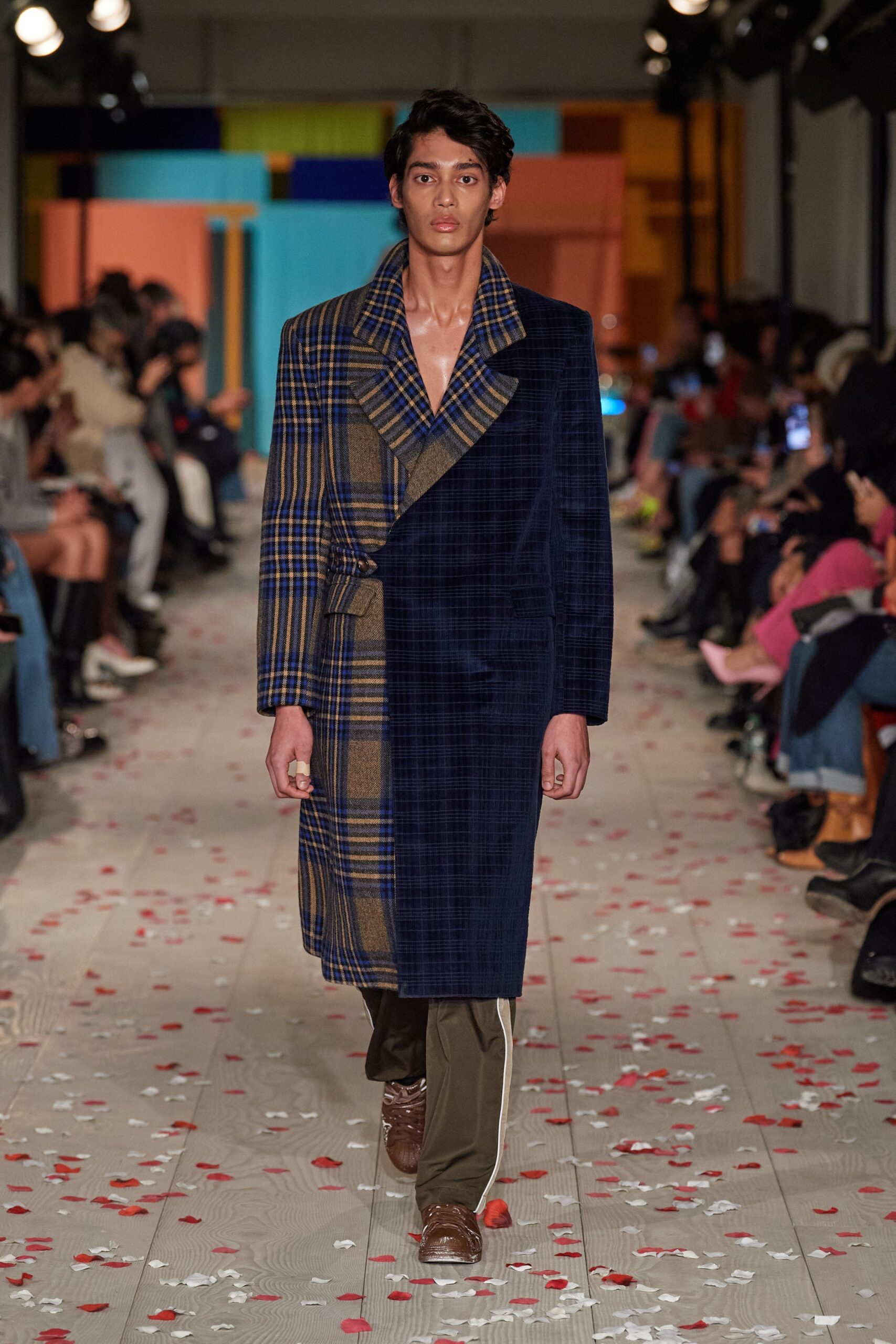 tailored blue checked coat with relaxed pants