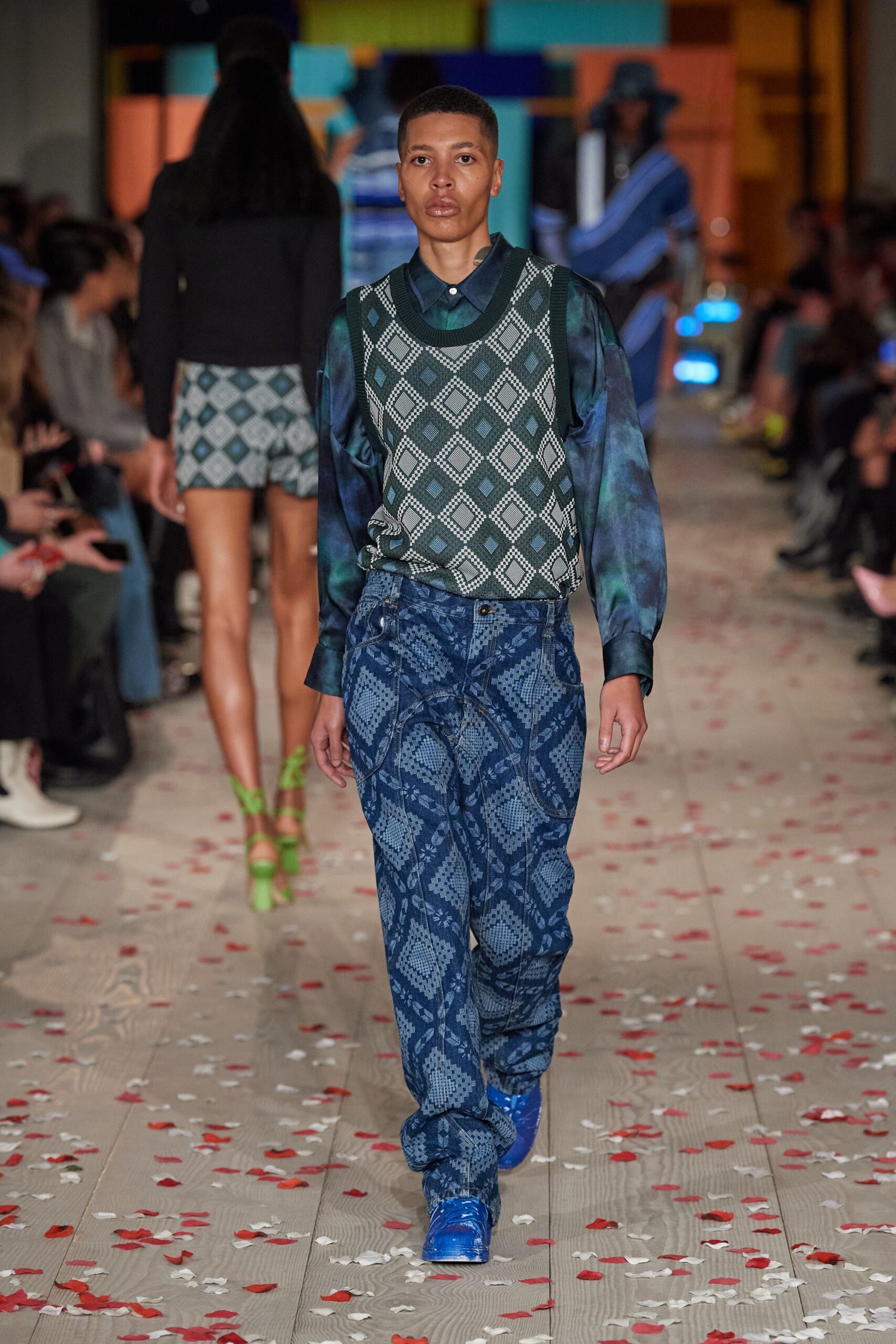 blue printed vest with shirt and tailored pants