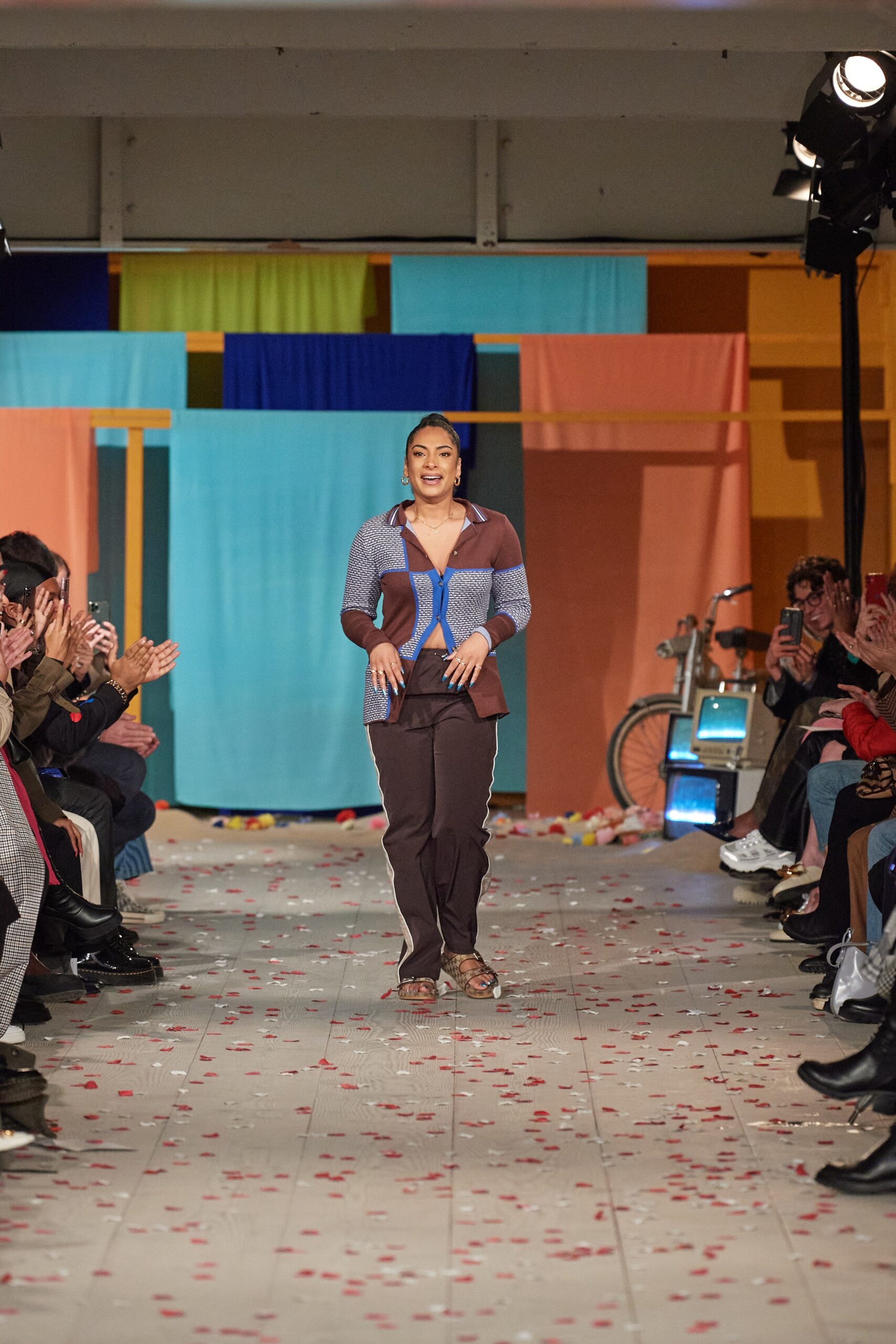 color-blocked brown jacket and pants