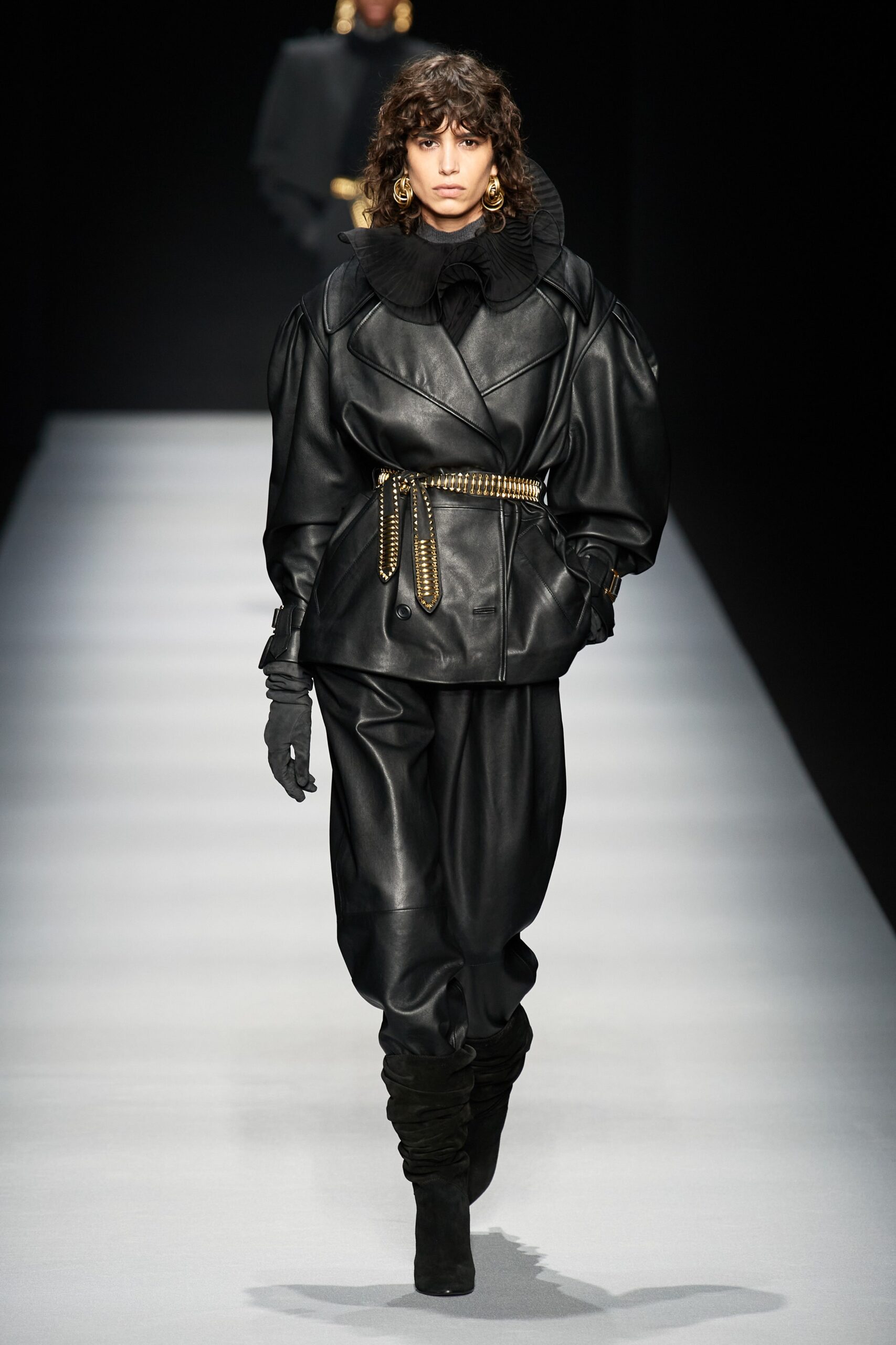 black leather long-sleeve collared oversized belted jacket