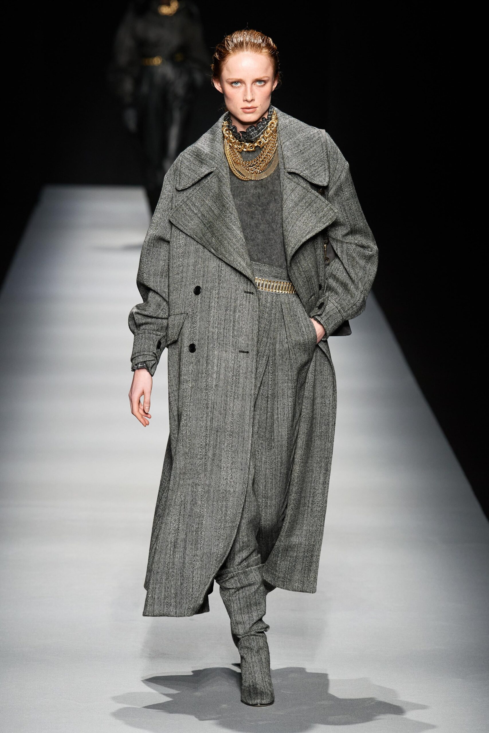 gray wool long-sleeve collared relaxed layered maxi coat